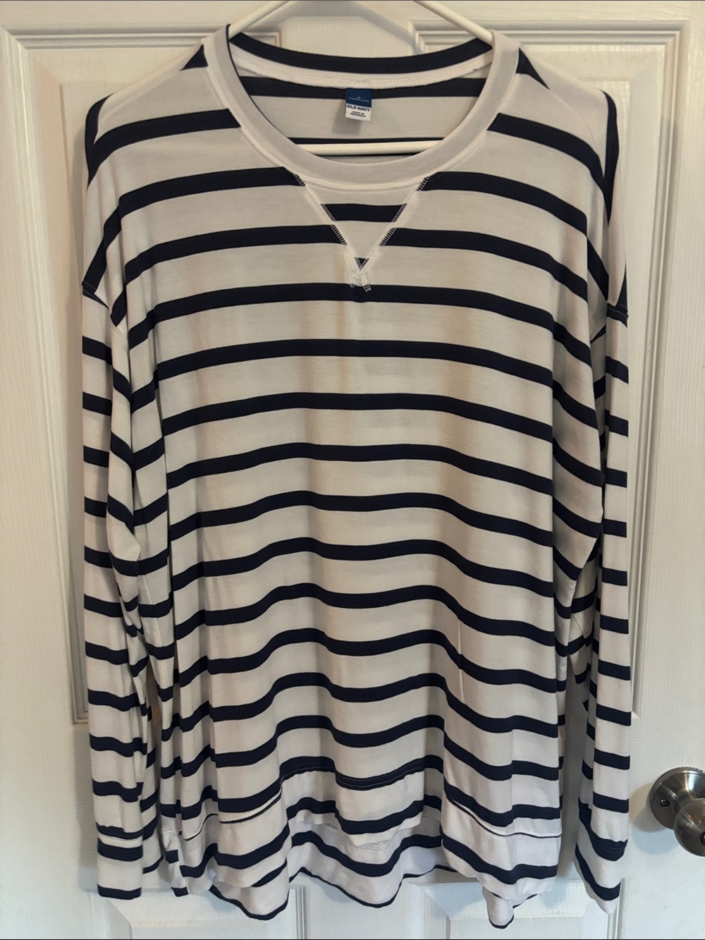 Old Navy Navy and White Striped BUTTERY SOFT Long-Sleeve “Sunday Sleep” Crew Top